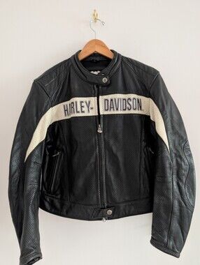 Harley-Davidson Black Leather Motorcycle Jacket with Cream Accents